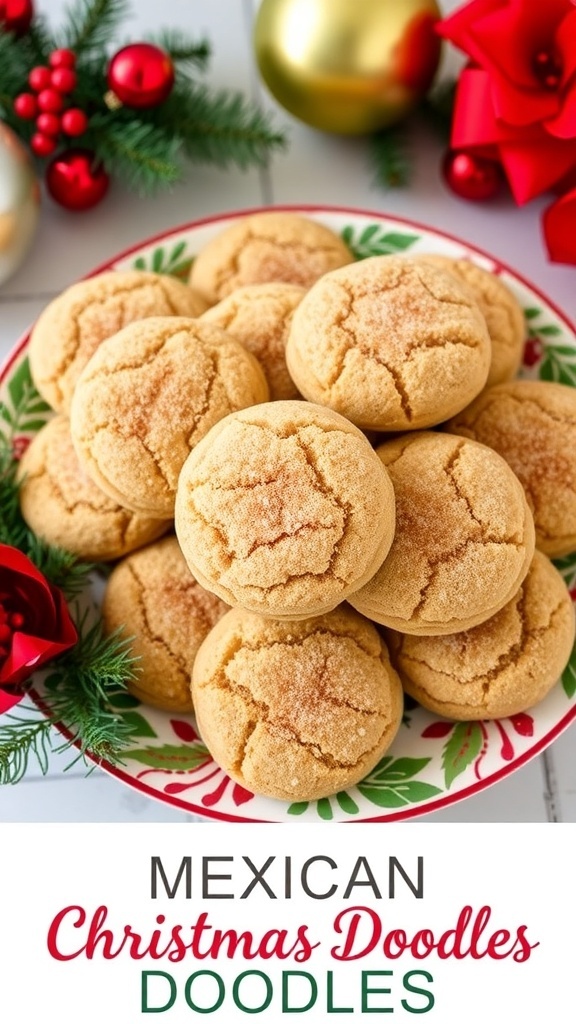 A plate of Mexican Christmas Doodles cookies rolled in cinnamon sugar, decorated with holiday ornaments and pine branches.